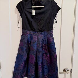 NWT Talbots Womens 4P Short Sleeve Dress Purple Blue Floral Brocade Pockets Midi